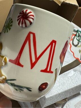 Anthropologie Holifaye Monogram M Holiday Ceramic Mug with Candy Motif new